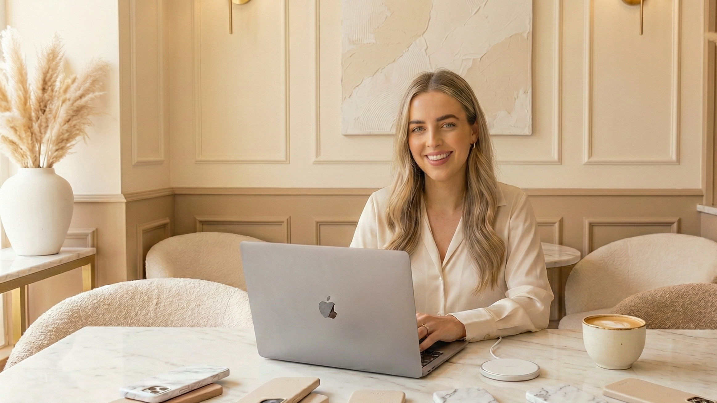 Frau arbeitet mit Laptop an einem Tisch in einem gemütlichen Büro/Home-Office.