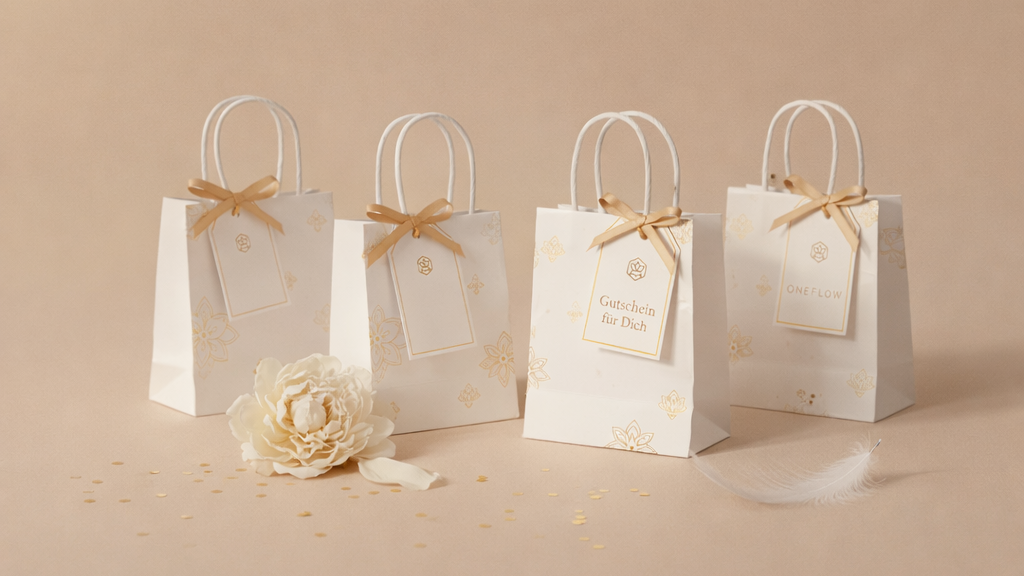 Geschenktüten mit Gutscheinen im ONEFLOW-Muster.