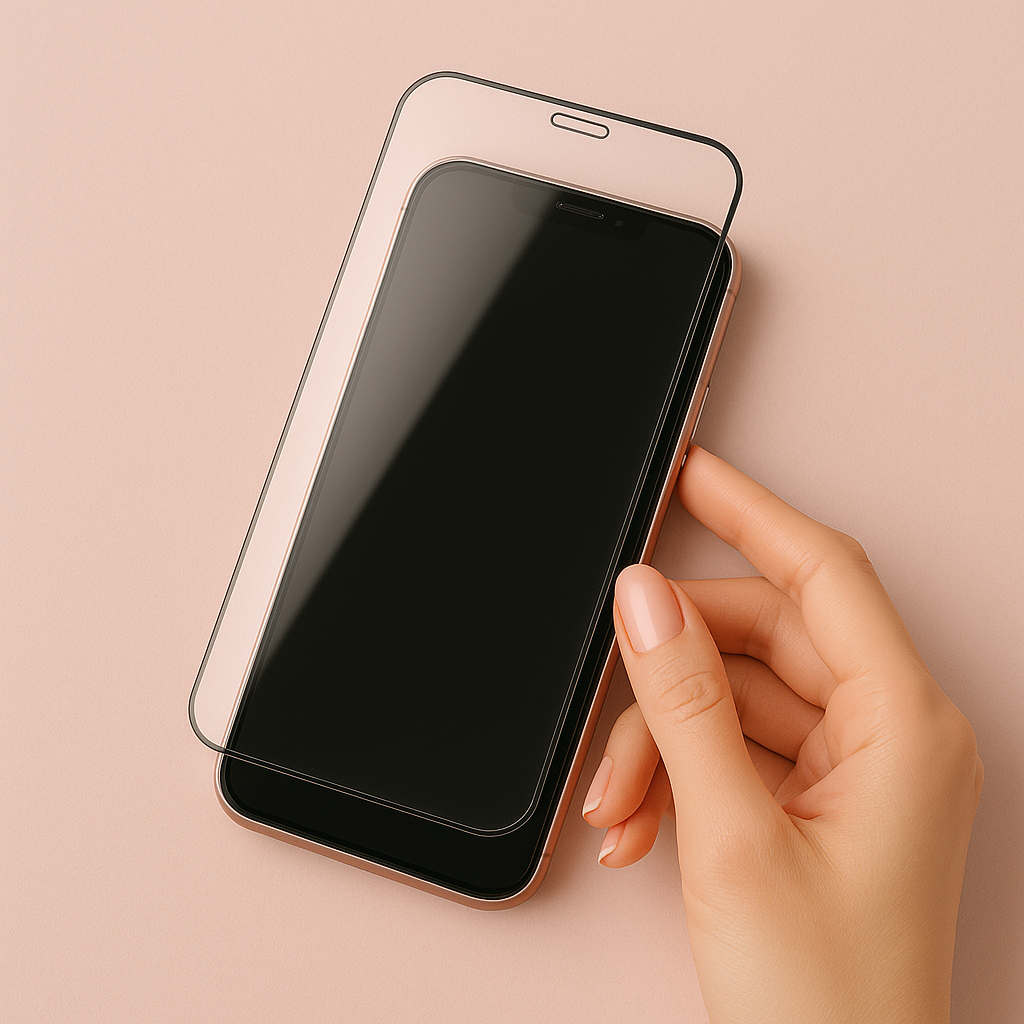 Hand hält ein Displayschutzglas, Smartphone auf einem Tisch im Hintergrund.