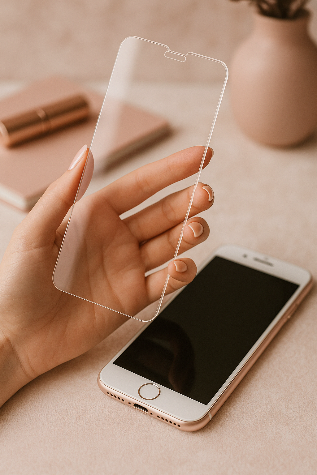 Hand hält eine Displayschutzfolie, Smartphone auf einem Tisch im Hintergrund.