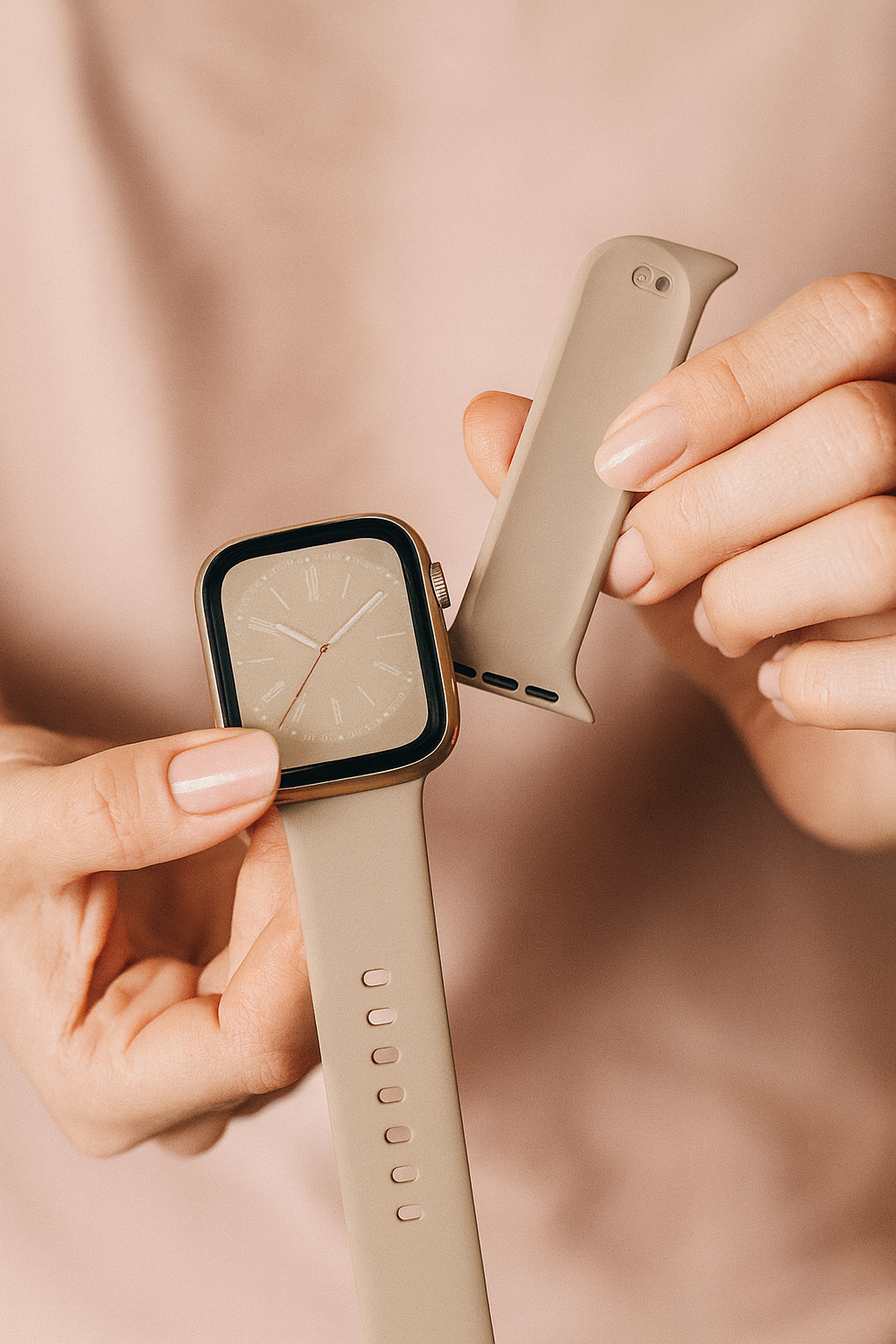 Eine Smartwatch mit abgenommenem Band wird von zwei Händen gehalten.