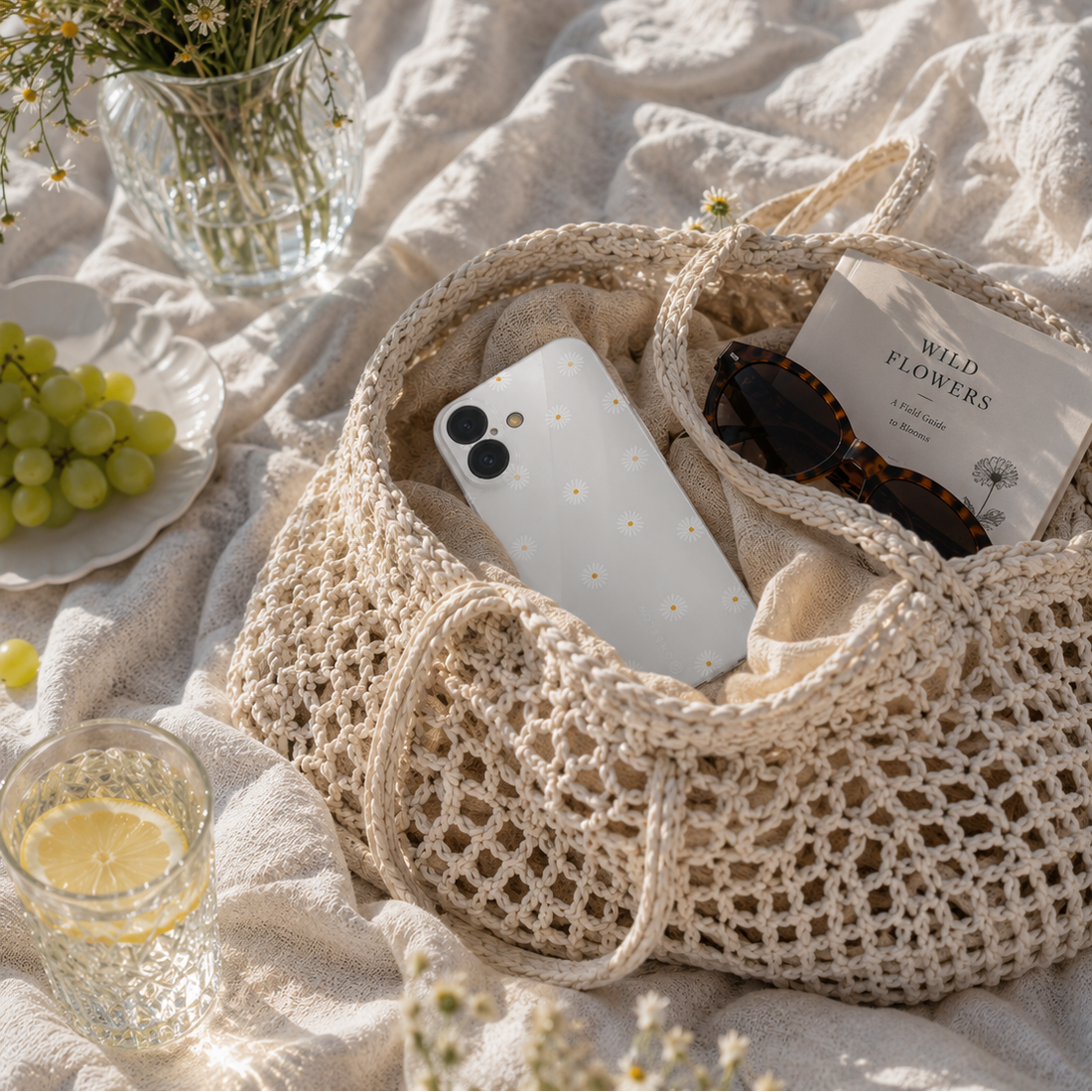 Smartphone-Hülle mit Gänseblümchen-Muster in einer Strandtasche mit Sonnenbrille und Buch.
