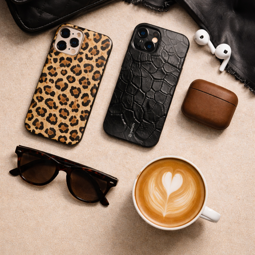 Smartphone-Hüllen mit Leoparden- und Kroko-Design neben Sonnenbrille, Kopfhörern und Kaffee.