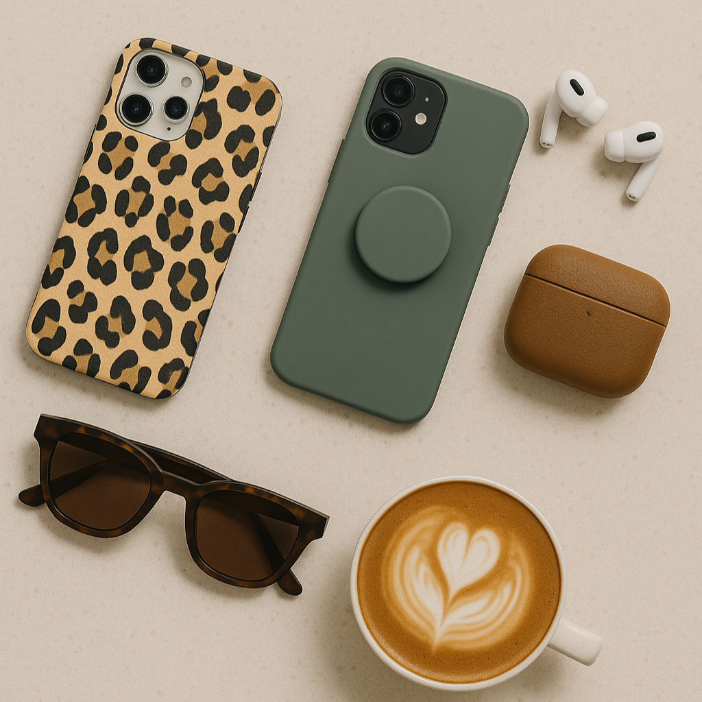 Smartphone-Hüllen mit Leoparden- und grünem Design neben Sonnenbrille, Kopfhörern und Kaffee.