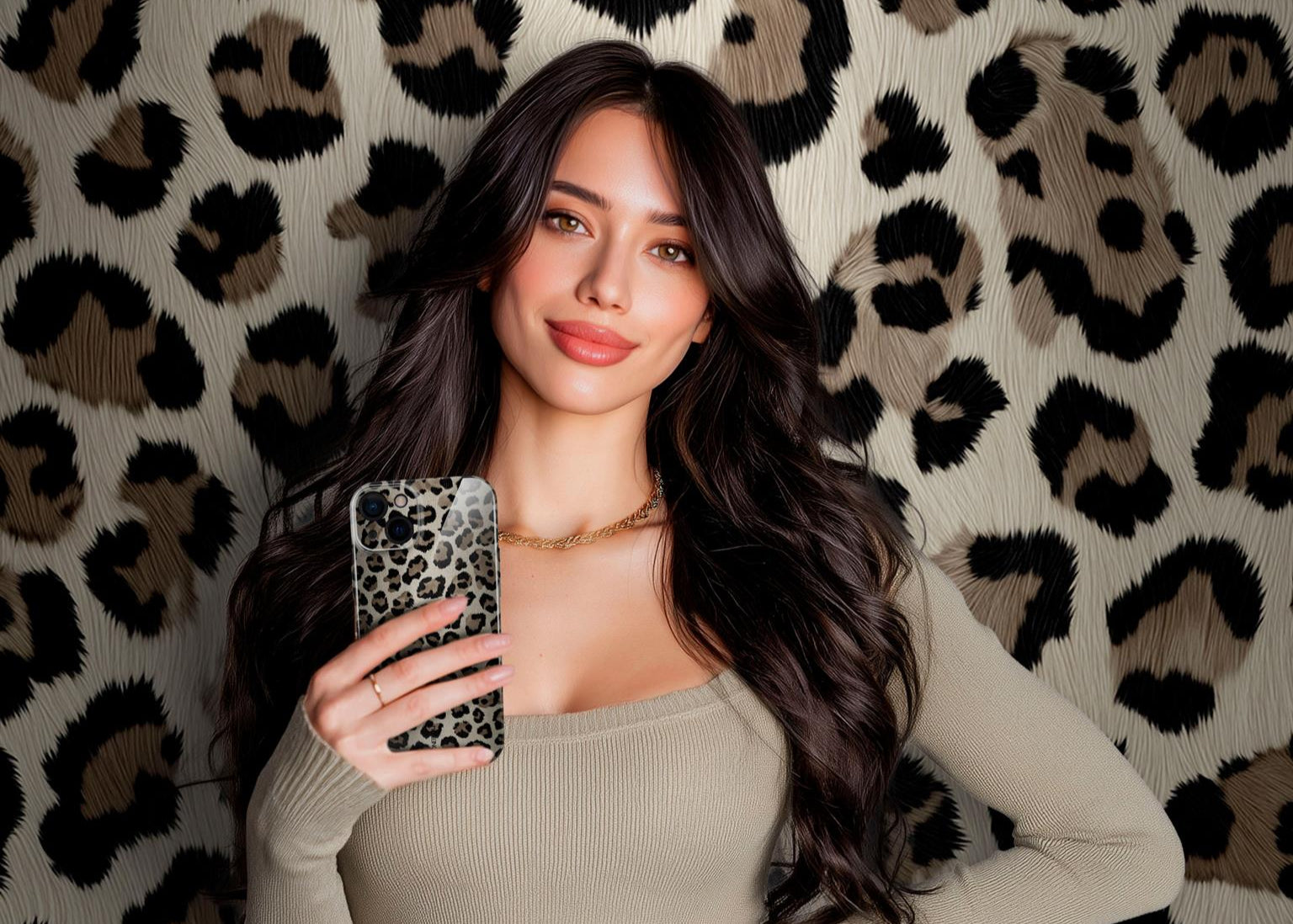 Frau hält Smartphone mit Leoparden-Hülle vor Hintergrund im Leopardenmuster.