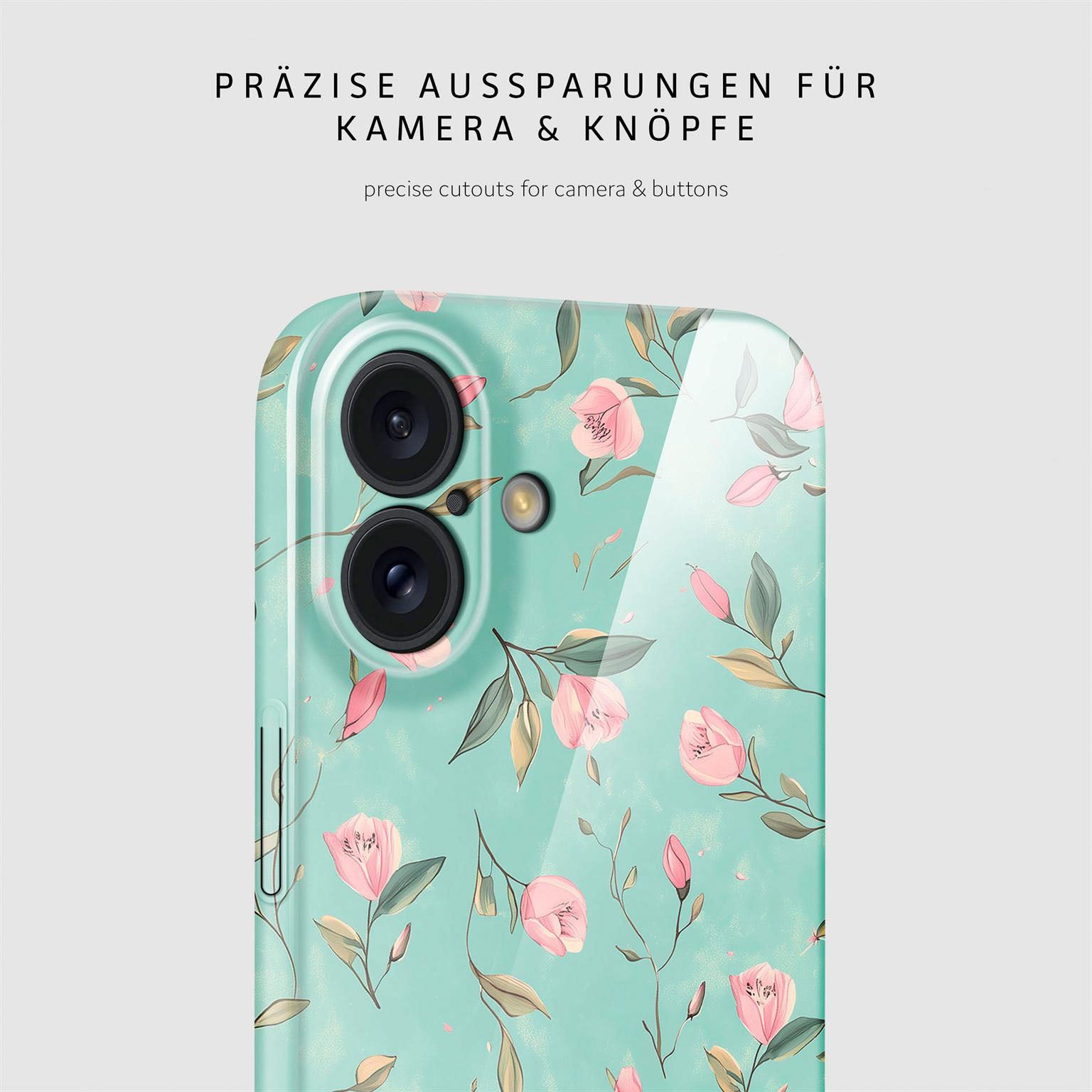 Flower Cover für iPhone 16 in der Farbe Mint Blossom (Blau)