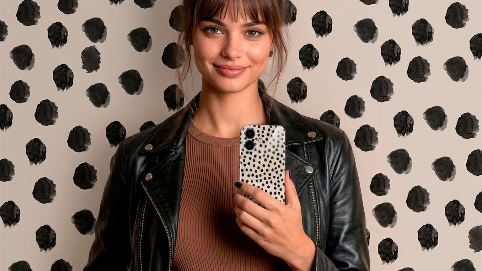 Junge Frau mit braunem Haar und schwarzer Lederjacke macht ein Spiegel-Selfie. Ihre Handyhülle und der helle Hintergrund sind mit schwarzen Punkten gemustert.