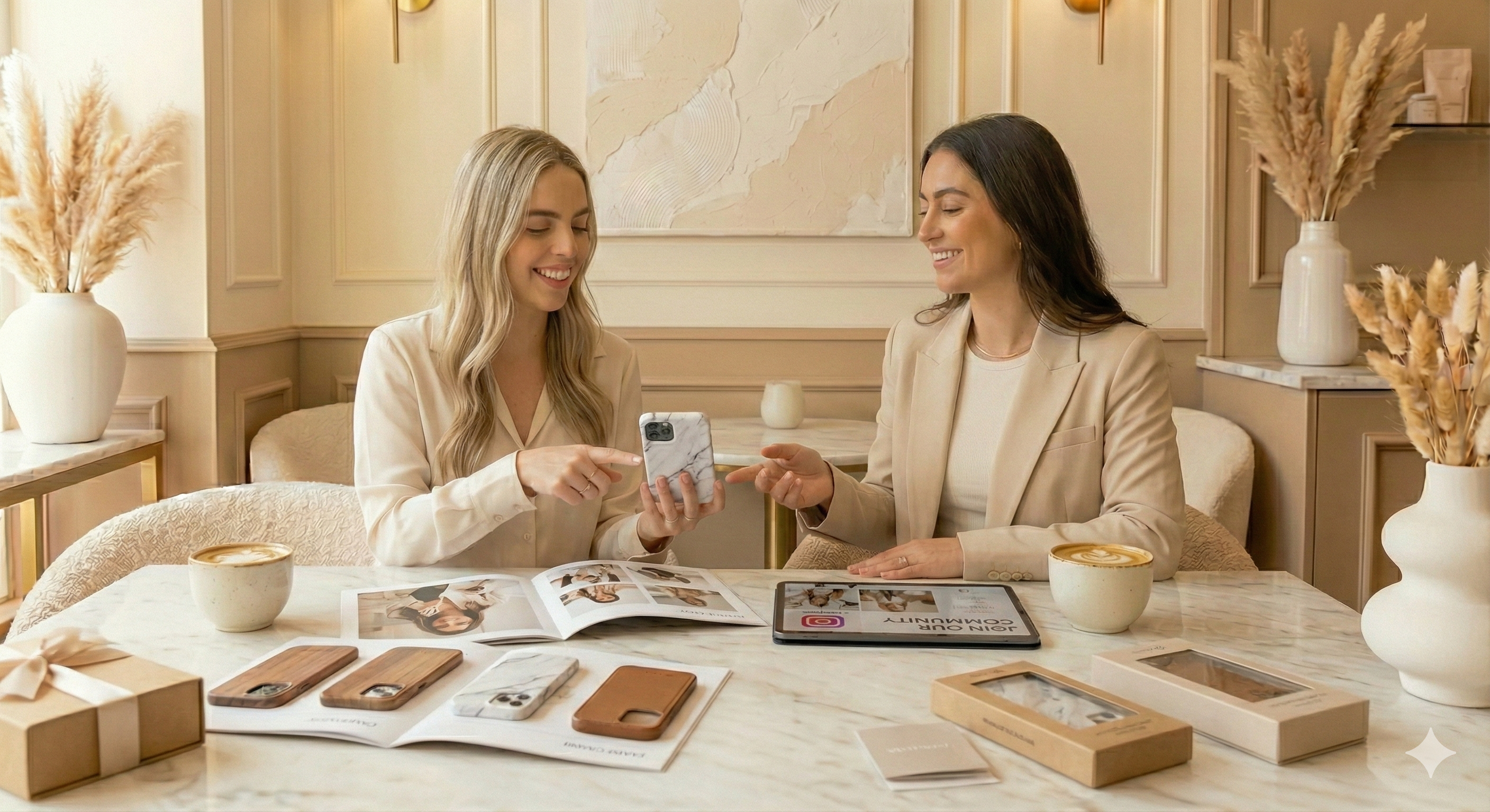 Zwei Frauen betrachten Smartphone-Hüllen bei einem gemeinsamen Meeting.