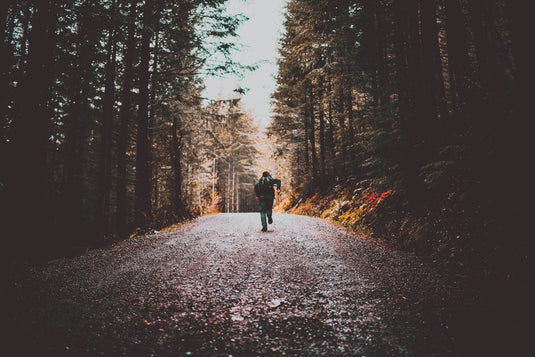 Wanderer läuft einen Waldweg entlang.