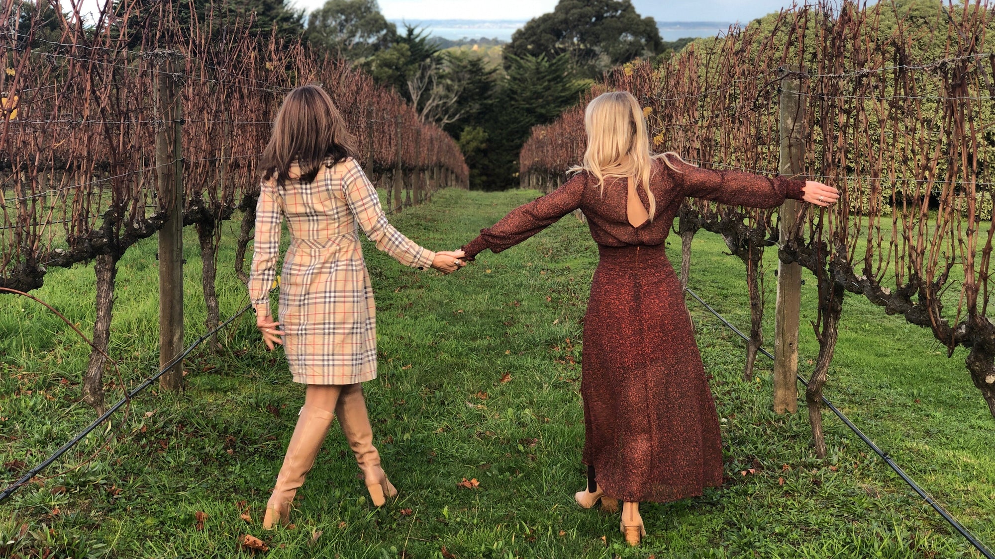 Zwei Frauen in Vintage Kleidung gehen durch einen Weinberg.